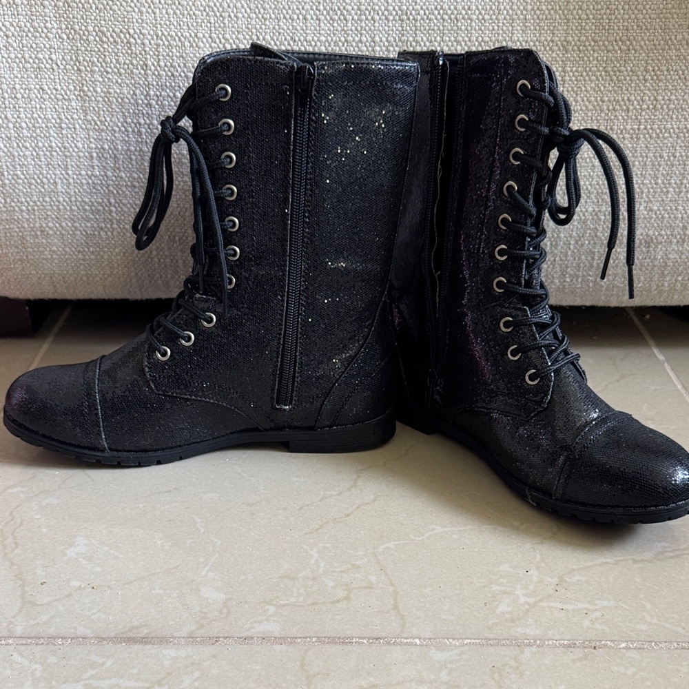 Balera Black Glitter Lace-Up Women's Combat Boots